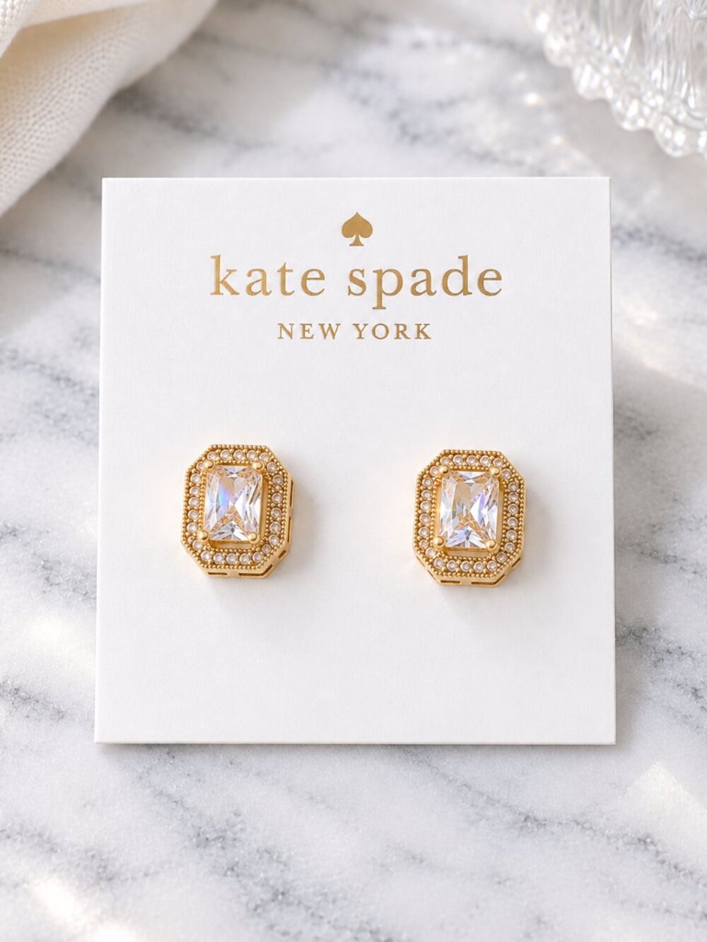 Kate Spade New York Crystal Halo Octagon Stud Earrings Gold Tone Clear CZ